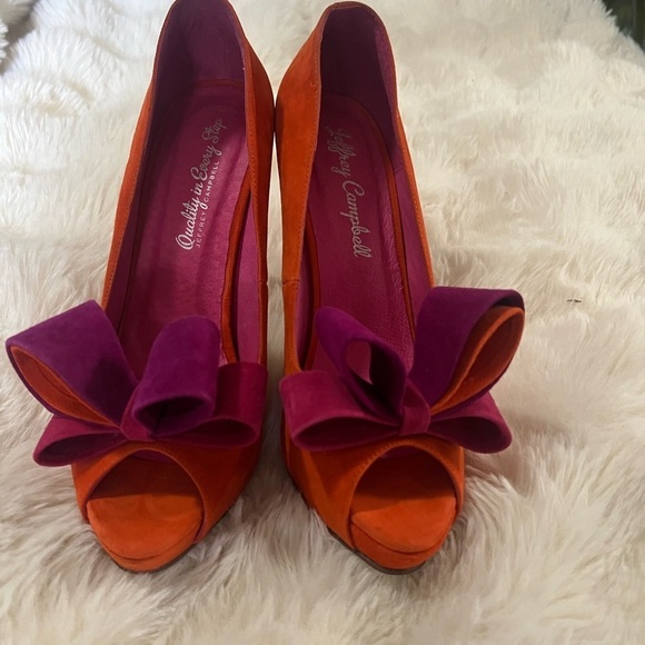 Jeffrey Campbell Shoes - Jeffrey Campbell Orange Fuschia Purple Suede Bow Platform Heels 9.5